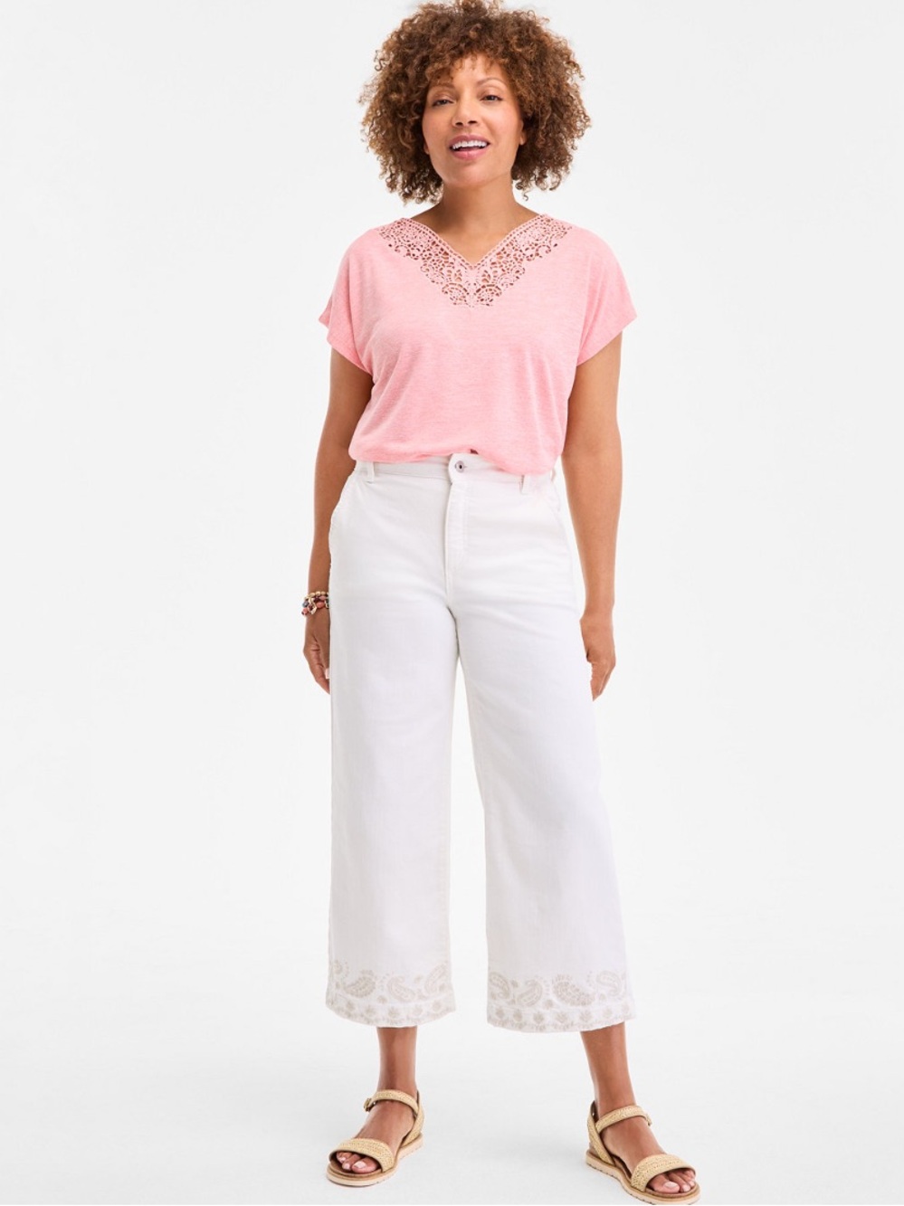 Plus Size Women’s White Cropped Wide Leg Jeans w/ Subtle Embroidered Hem Classic